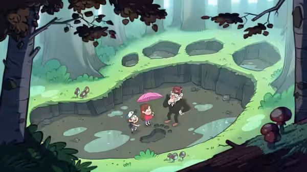 A man with a pink umbrella and two children in a mossy forest pit