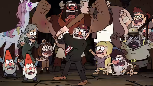 A suited man swings a bat before an angry mob of fantasy creatures