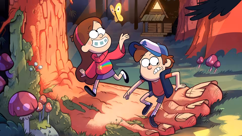 Mabel Pines (Kristen Schaal) and Dipper Pines (Jason Ritter) running along a forest path
