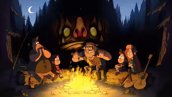 A group seated around a campfire before a giant creature's glowing face