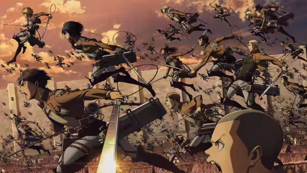 soldiers leap through the air with swords drawn above a town