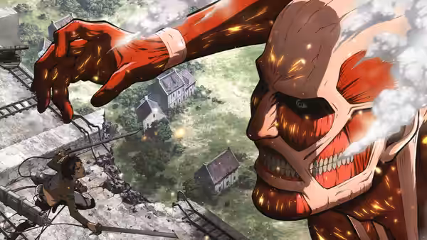 a giant Titan reaches down toward soldiers on a damaged building