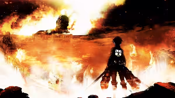 a cloaked figure stands before a massive fiery explosion over ruins