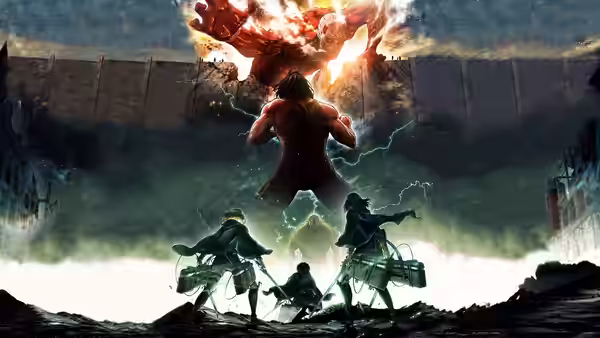 figures watch a colossal fiery blast erupt behind a tall wall