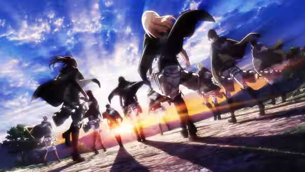 cloaked soldiers run together along a path under a bright sky