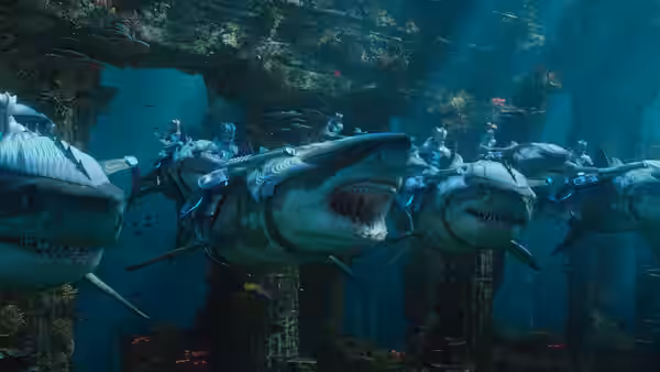 Underwater riders travel through a submerged city on large, armored sea creatures