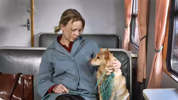 Ansa seated on a train petting a small dog on a leash
