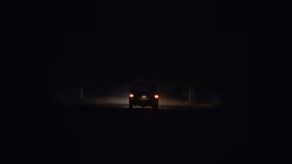 A car with headlights on drives down a dark wooded road