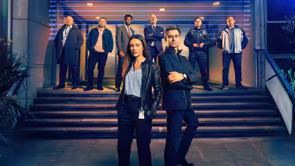 DI Emma Crane (Michelle Keegan) and DI Tom Radley (Douglas Booth) stand before their team on building steps