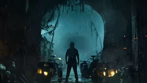 A lone figure stands beneath a cavernous arch in a rain-soaked passage