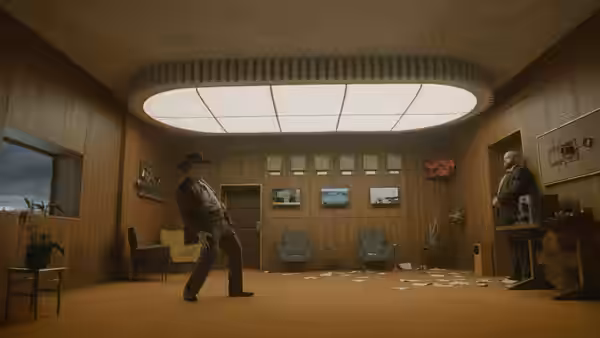 Digger Rockwell (Tom Cruise) walking across a large wood-paneled office