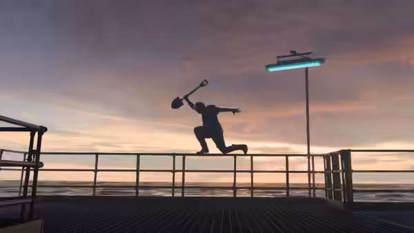 A silhouetted figure raises a club above the waterfront railing