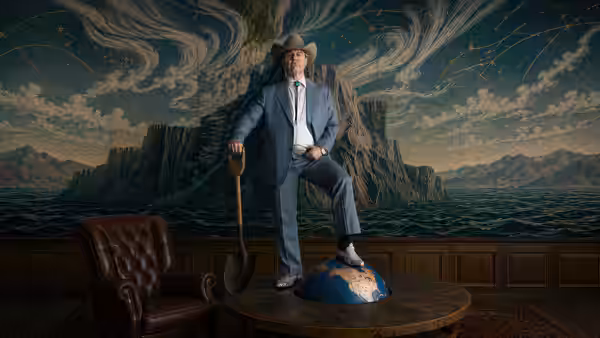 Digger Rockwell (Tom Cruise) stands on a globe in a suit and cowboy hat