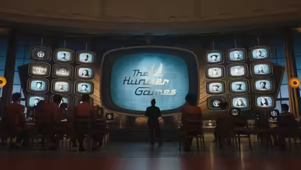 Operators seated in a control room watching multiple screens with contestant faces