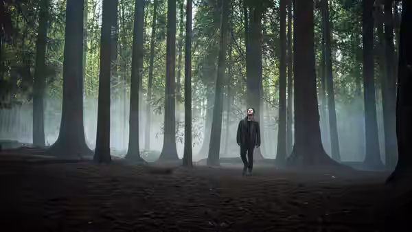 A man walking alone through a misty forest of tall trees