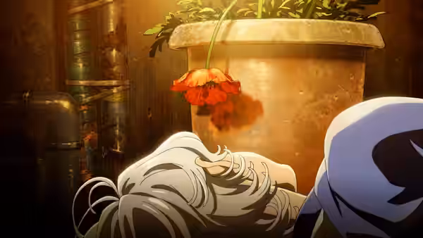 a white-haired figure lying prone beside a large potted red flower