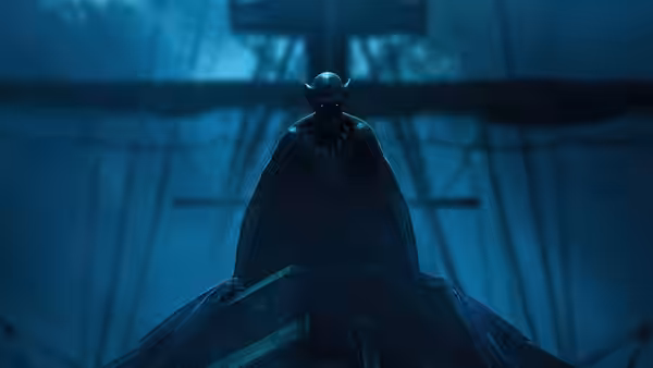 Dracula standing on the ship's structure at night