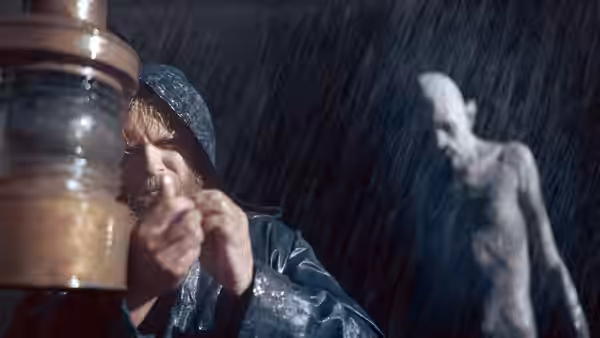 Wojchek (David Dastmalchian) holding a lantern in driving rain