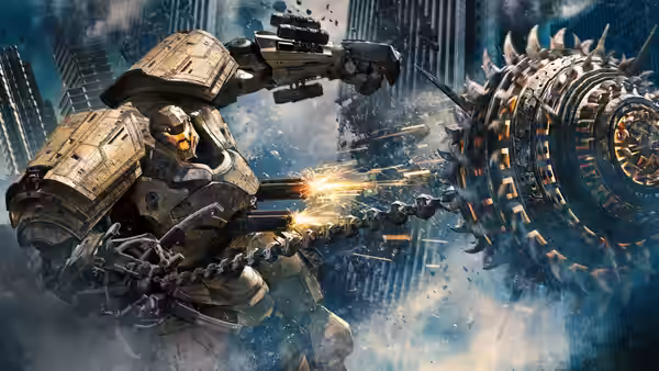 A large robot fires weapons at a rotating creature in a ruined city