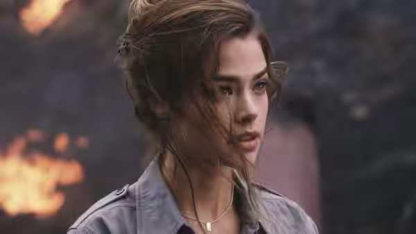 A young woman with windswept hair stands amid smoke and flames