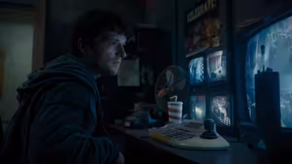 Mike (Josh Hutcherson) sitting at a desk watching security monitors