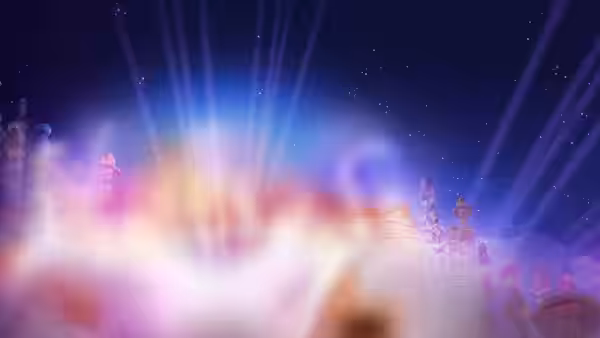 A glowing cityscape at night with beams of light rising into the starry sky