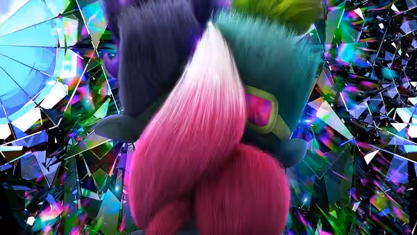 Four trolls with colorful hair seen from behind against a shattered mirror backdrop