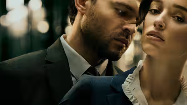 Luke (Alden Ehrenreich) and Emily (Phoebe Dynevor) standing forehead to forehead