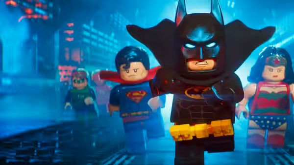 Batman (Will Arnett) leads Superman Robin and Wonder Woman forward