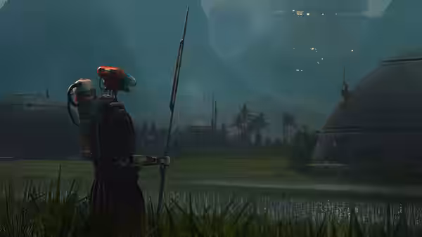 Armored figure with spear standing in grassy field near domed structures