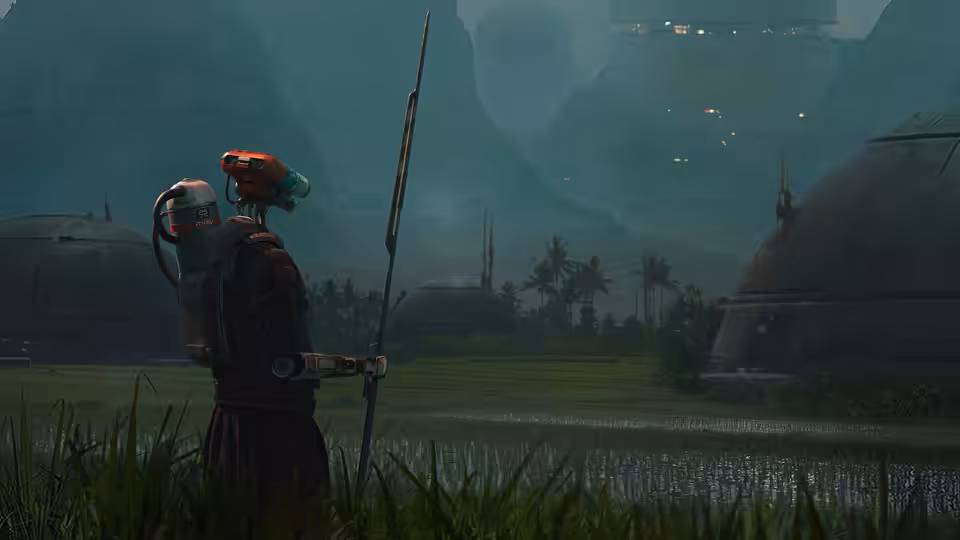 Armored figure with spear standing in grassy field near domed structures