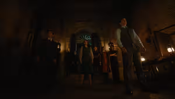 Group of people standing in a dimly lit ornate brick hallway