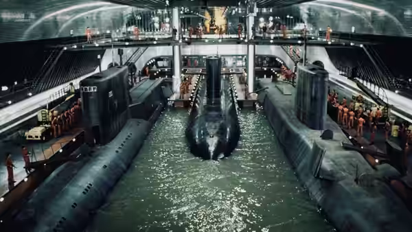 Crew in orange jumpsuits working inside a large submarine pen