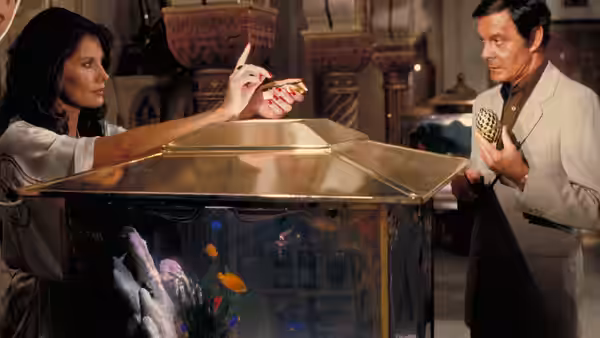 A woman pointing over an aquarium as a man holds a decorative egg