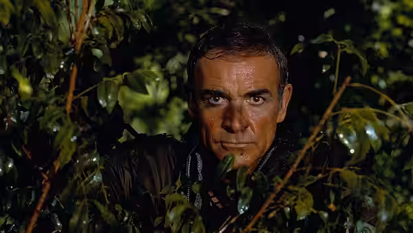 James Bond (Sean Connery) peers through dense foliage in the jungle