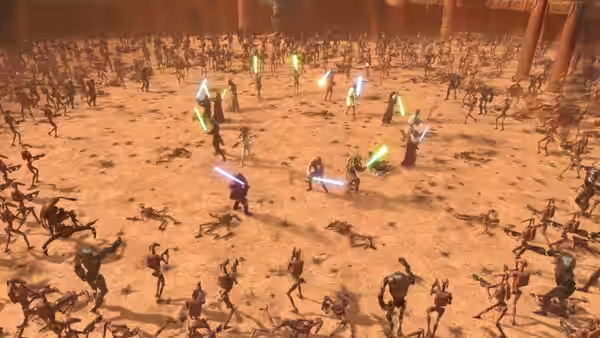 Jedi and battle droids clashing with lightsabers across a dusty arena floor