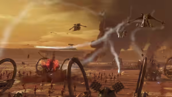 Gunships and droid fighters exchange fire above a smoky battlefield