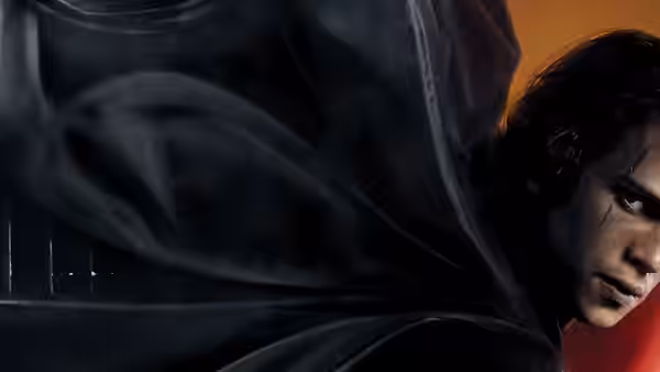 Anakin Skywalker (Hayden Christensen) in a black cloak with a scarred face