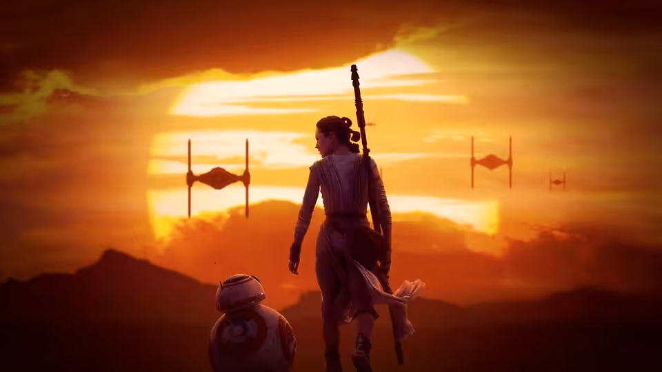 Rey (Daisy Ridley) and BB-8 watch TIE fighters at sunset