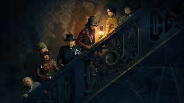 Group of people climbing a dark ornate staircase with a lantern