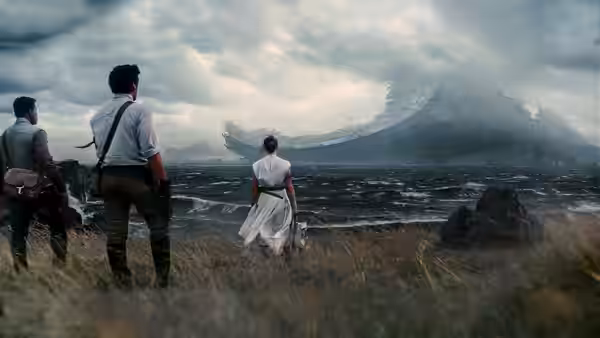 Three figures standing on grass looking toward a crashed structure by stormy water
