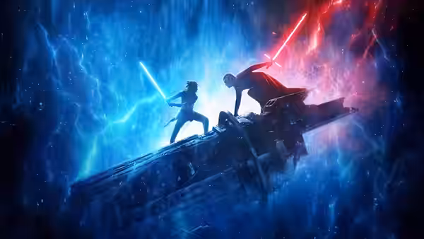 Two figures with lightsabers confronting each other on floating wreckage in space