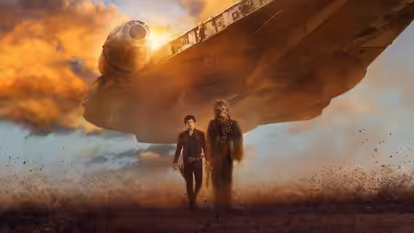 Han Solo (Alden Ehrenreich) and Chewbacca walking under the Millennium Falcon