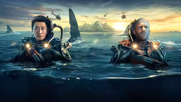 Two divers in illuminated suits float in the ocean near giant sharks and helicopters