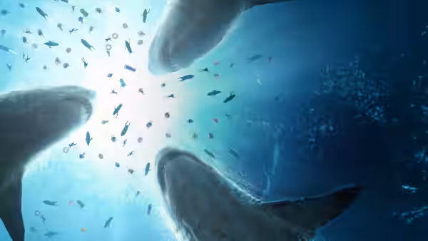 Giant sharks swim upward through beams of light and schools of fish
