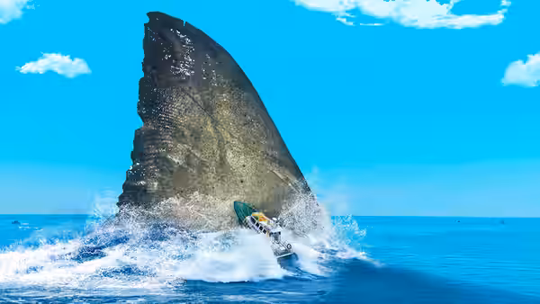 A huge shark fin towers over a jet ski in the ocean