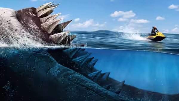 A massive shark breaches beside a jet ski on the open water