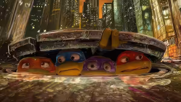 Four turtles peek from under a manhole cover overlooking a city at night