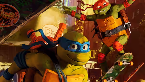 Two turtles ride a skateboard through a graffiti-filled abandoned space