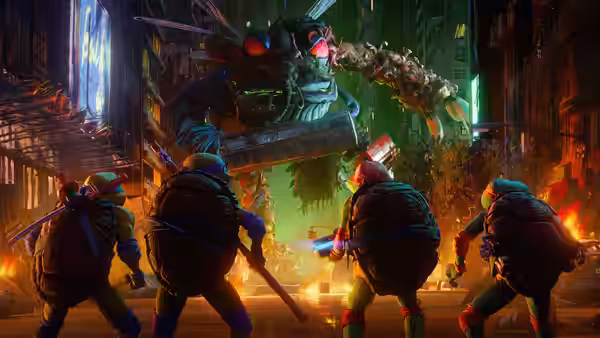 Four turtles confront a large robotic creature in a burning alley